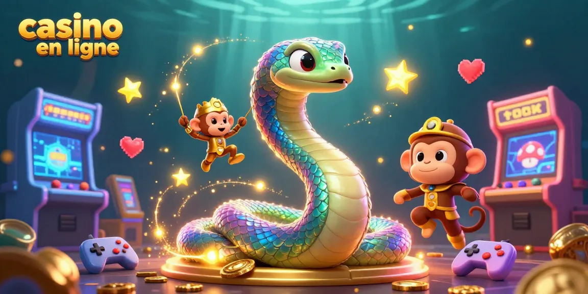 Jouez à des jeux de casino en ligne avec l'illustration d'une scène dynamique de serpent et roi singe, des éléments ludiques autour.