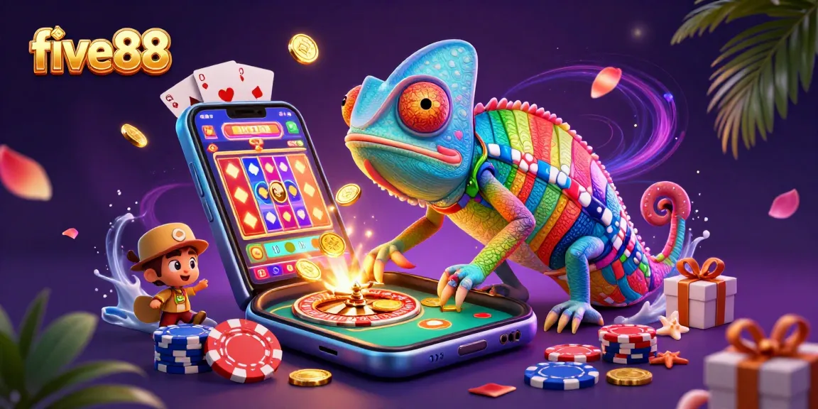 Experience the exciting world of five88 with a colorful casino scene featuring a chameleon owner.