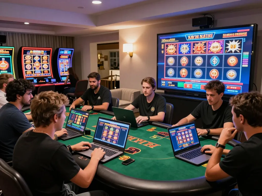 Engaging with w 88 online casino games on laptops, showcasing colorful interfaces and immersive gameplay.