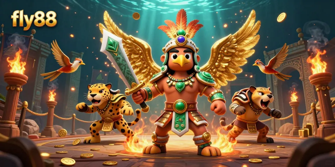 Experience the thrilling atmosphere of fly88 with vibrant warriors and rich casino elements.