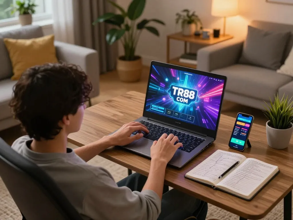 Engaging in online gaming at TR88 COM with a laptop showcasing vibrant graphics, emphasizing strategic play.