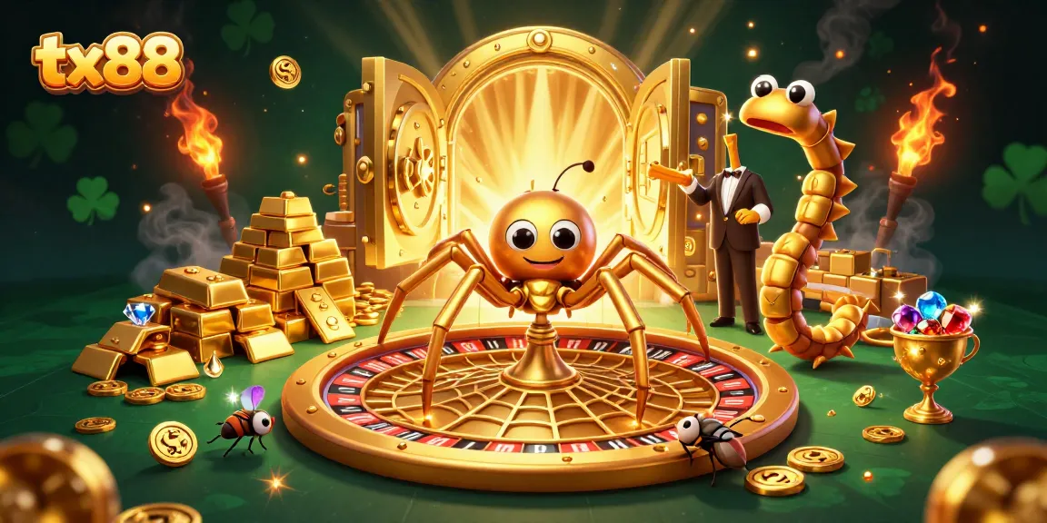 Engage with tx88 casino excitement as a golden spider spins a roulette web with vibrant gems and treasures.