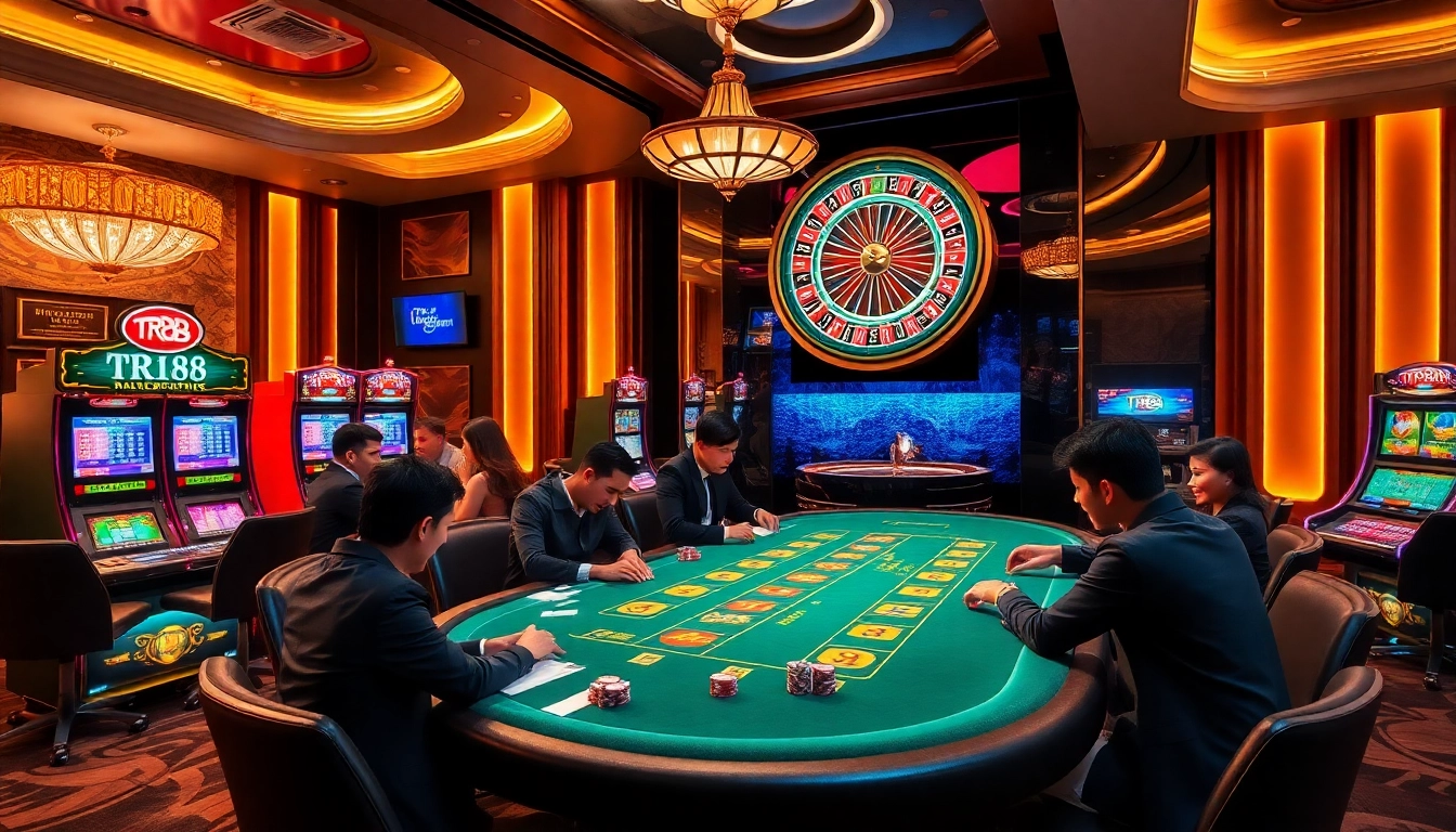 Experience the excitement of TR88 with a vibrant casino scene featuring high-stakes poker and slot machines.
