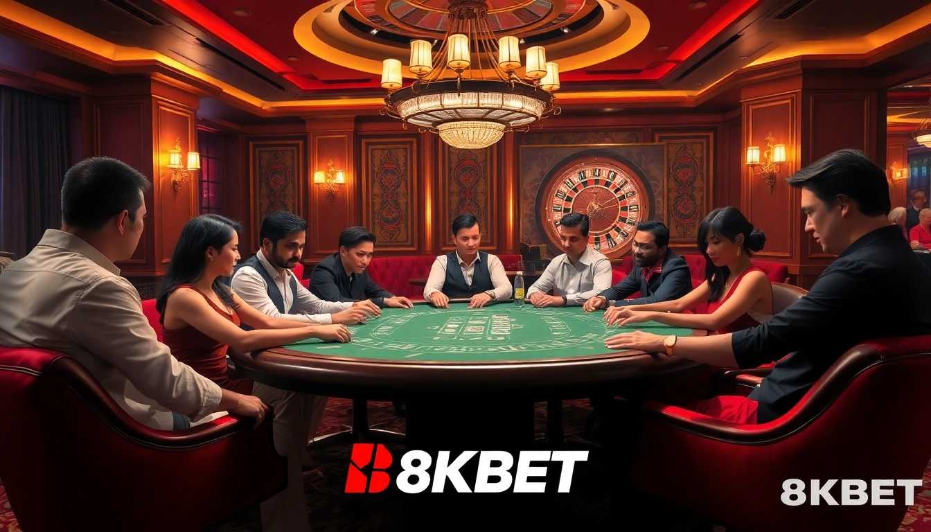 Experience high-stakes gambling at 8KBET's luxurious poker table with chips and cards.