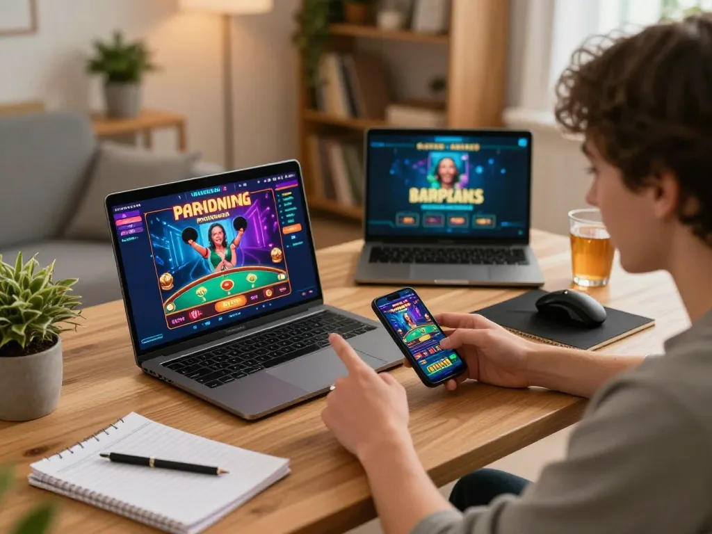 Engaged player at home using https://www.atqvn.com/ platform for online casino gaming with multiple screens.