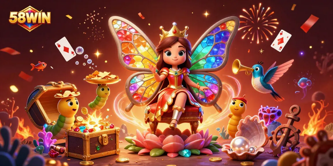 Experience exciting gameplay at 58WIN with vibrant slot games surrounded by charming characters and treasures.