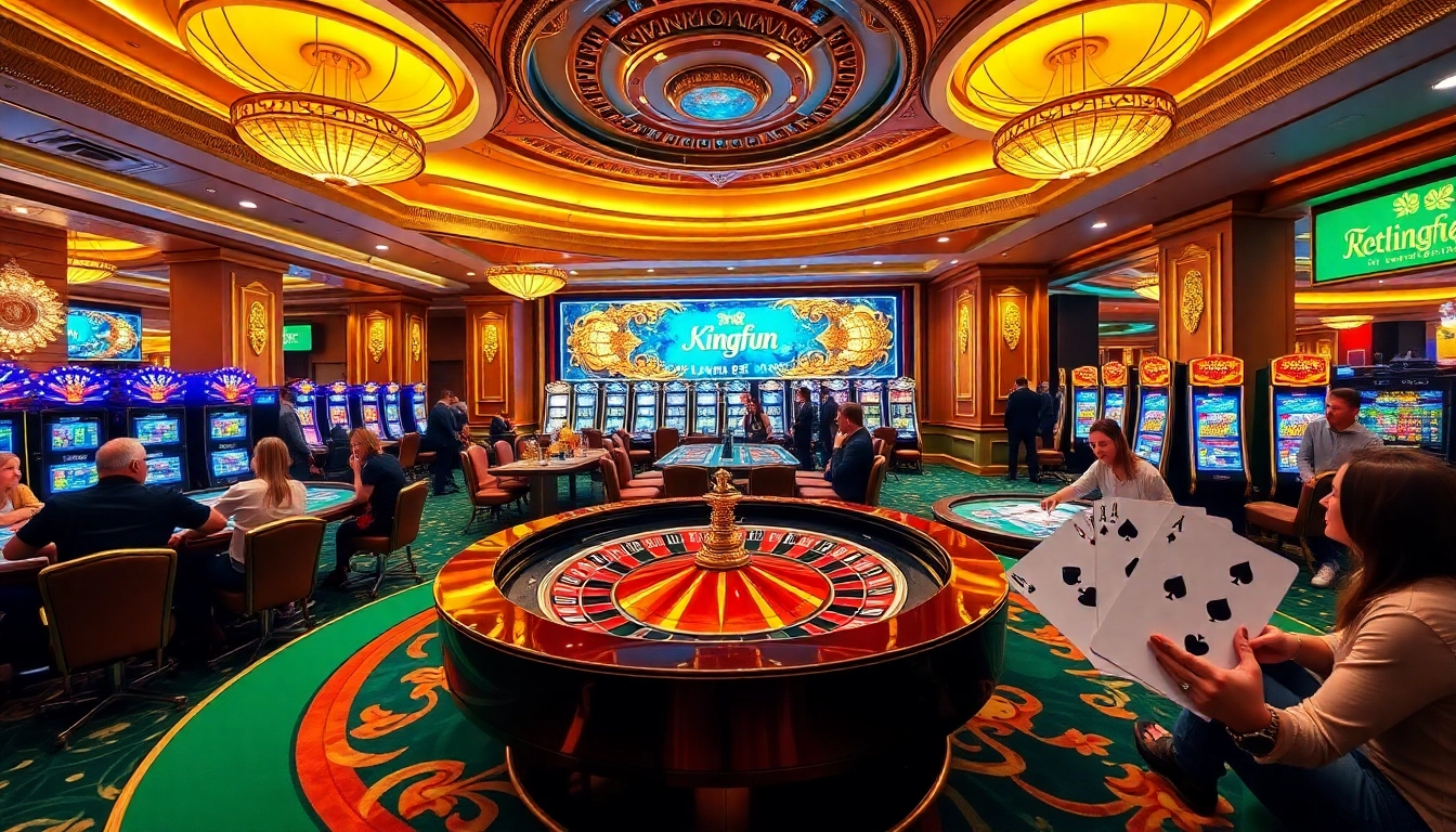 Kingfun gaming area showcasing vibrant tables, players enjoying roulette and slots.
