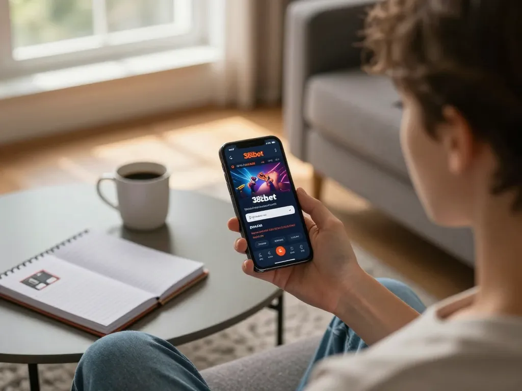 Engaging player enjoying 388bet on smartphone, displaying online casino interface at home.