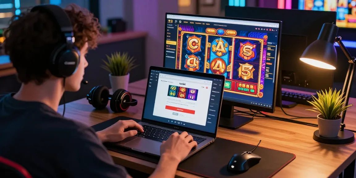 Experience rokok88 slot login with a vibrant gaming setup showing colorful slot graphics and a focused user.