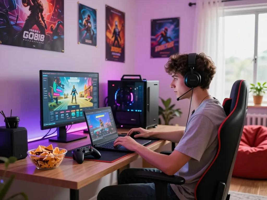 Engaged gamer downloading tải go88 mới nhất in a colorful gaming setup with modern tech.