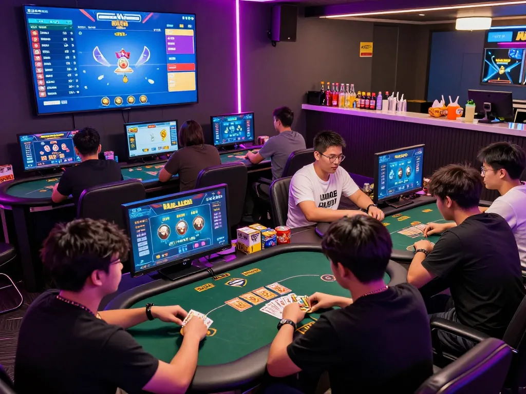 Players engaged in Game bài activities in a vibrant online gaming lounge.