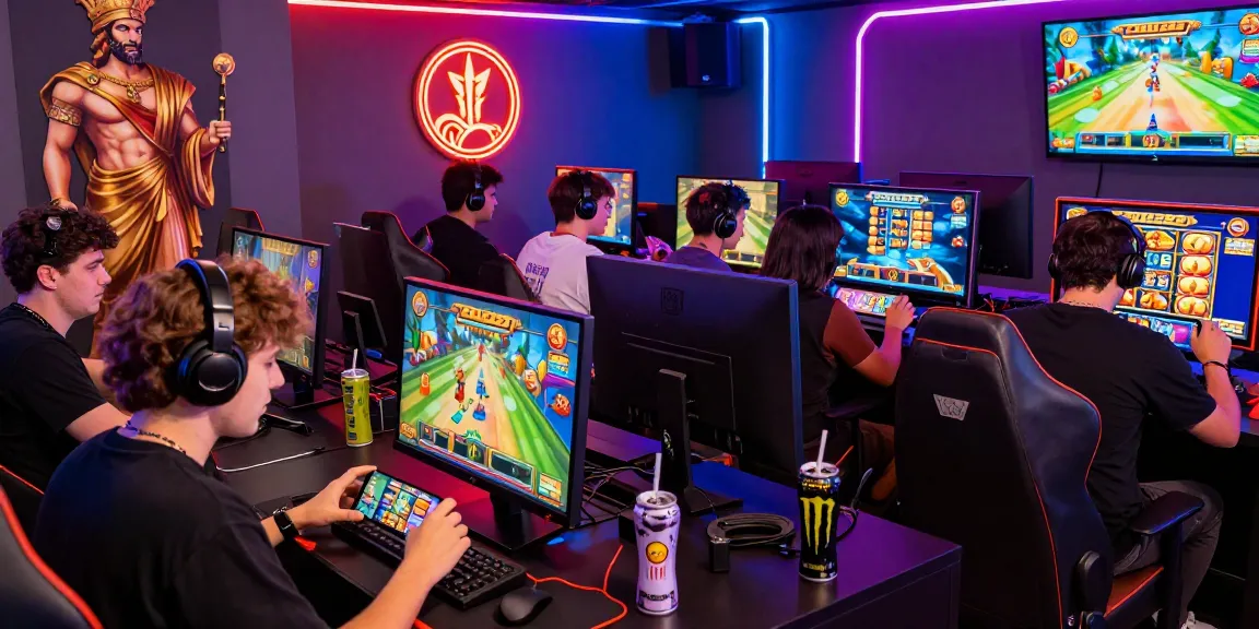 Engaged players enjoying ZEUS222 slot game in a vibrant gaming lounge atmosphere.