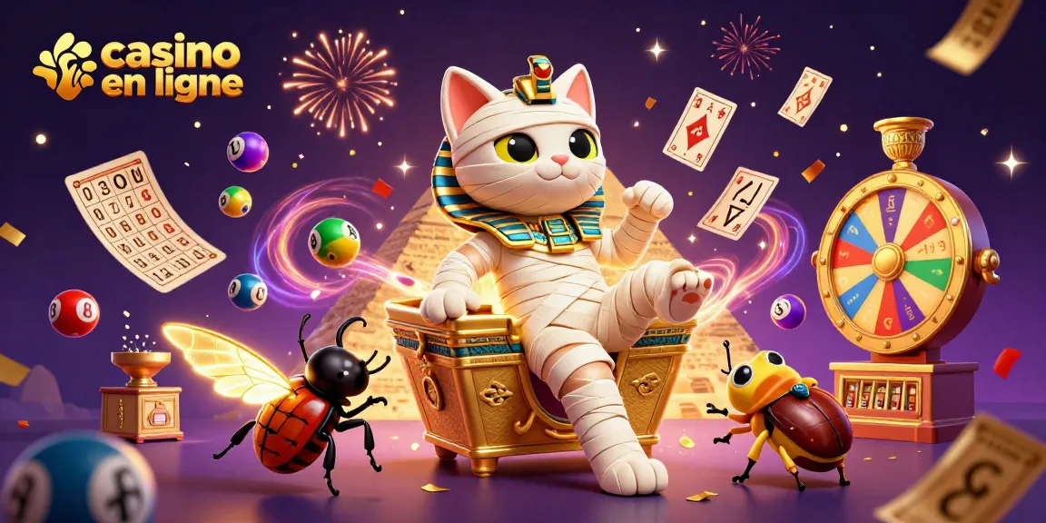 Jouez à des jeux captivants dans un casino en ligne avec un chat momifié et un scarabée.