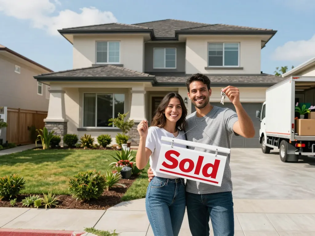 Joyful couple celebrating their quick house sale with keys in front of their new home.