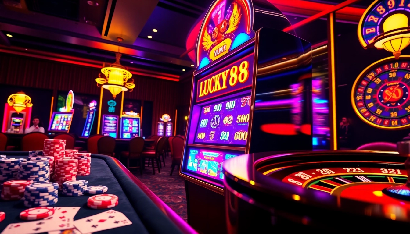 Player enjoying the LUCKY88 slot machine with vibrant casino ambiance