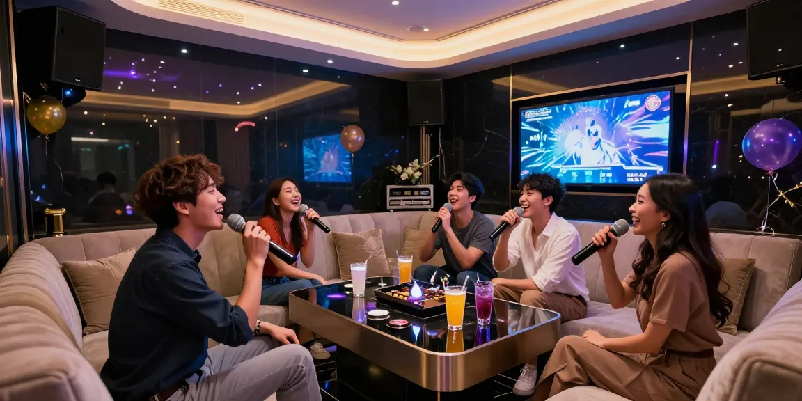 강남가라오케에서 친구들과 함께 즐거운 시간을 보내는 모습, 고급스러운 내부와 분위기 강조