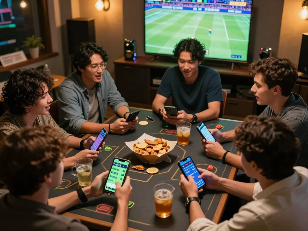 Engaged friends placing bets on nhà cái du88 during a major sporting event, showcasing excitement and interactive experience.