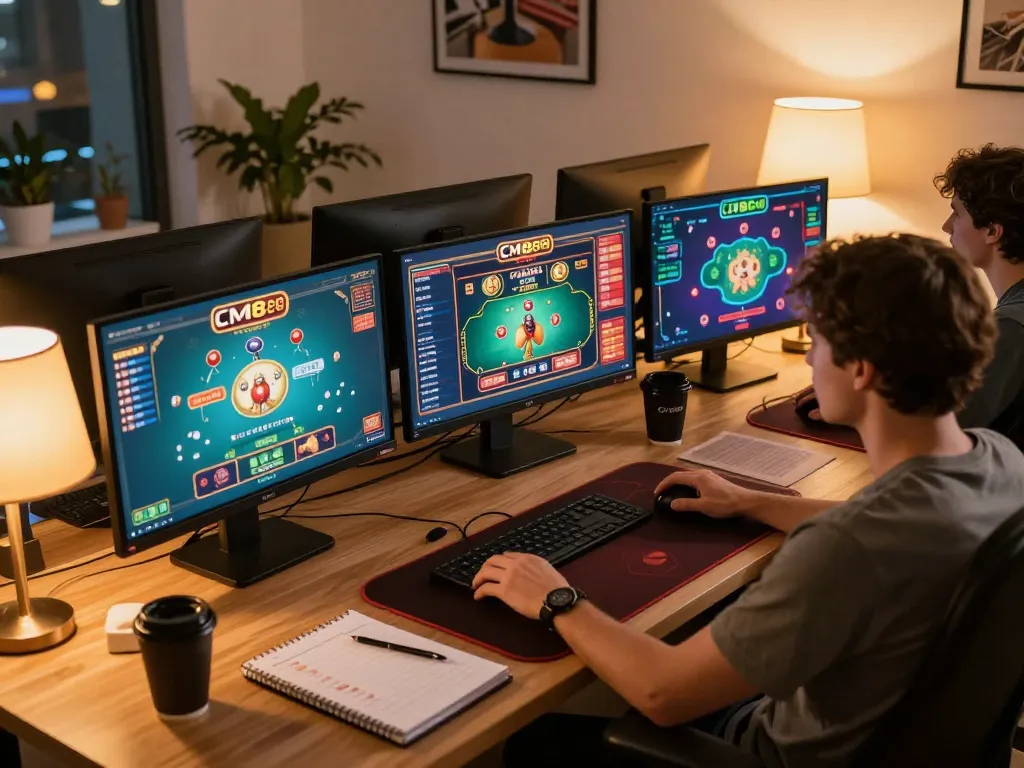 Person playing poker on CM88 COM with multiple screens showcasing casino games in a cozy home office environment.