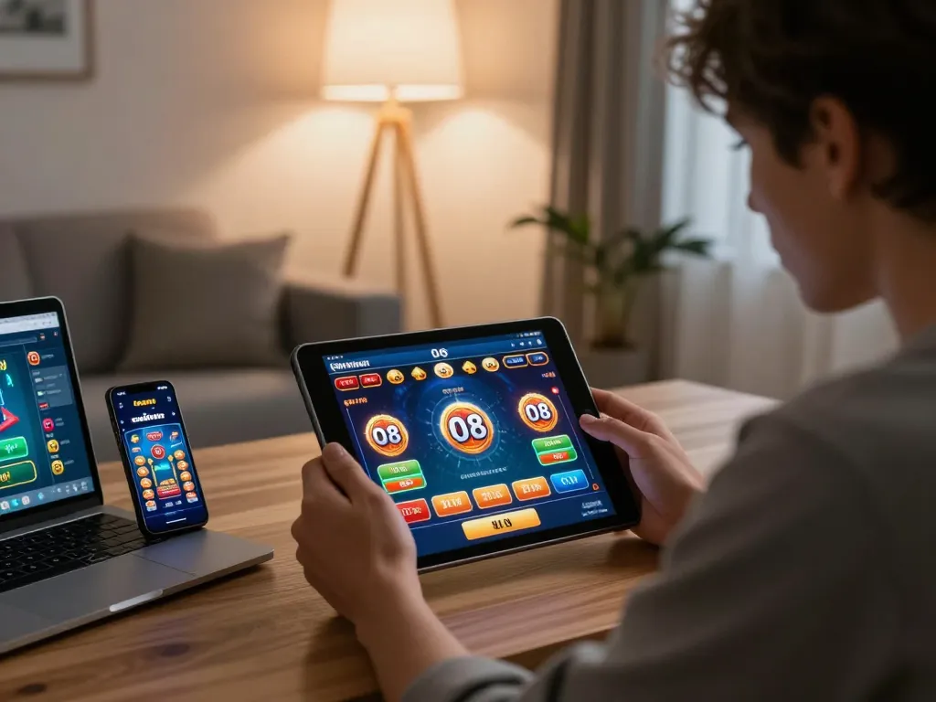 Player enjoying O8 mobile casino gaming on tablet in a cozy setting, focused on strategy.