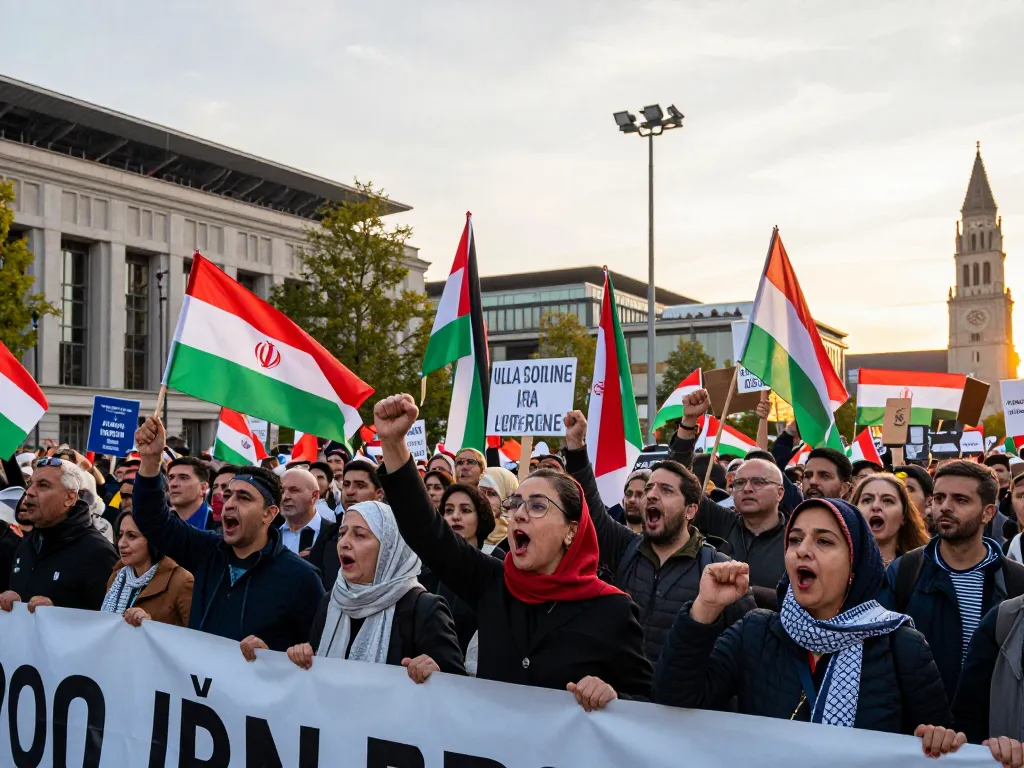 Massive Munich rally focused on Iran with protesters advocating for regime change, holding banners and flags during the Security Conference.