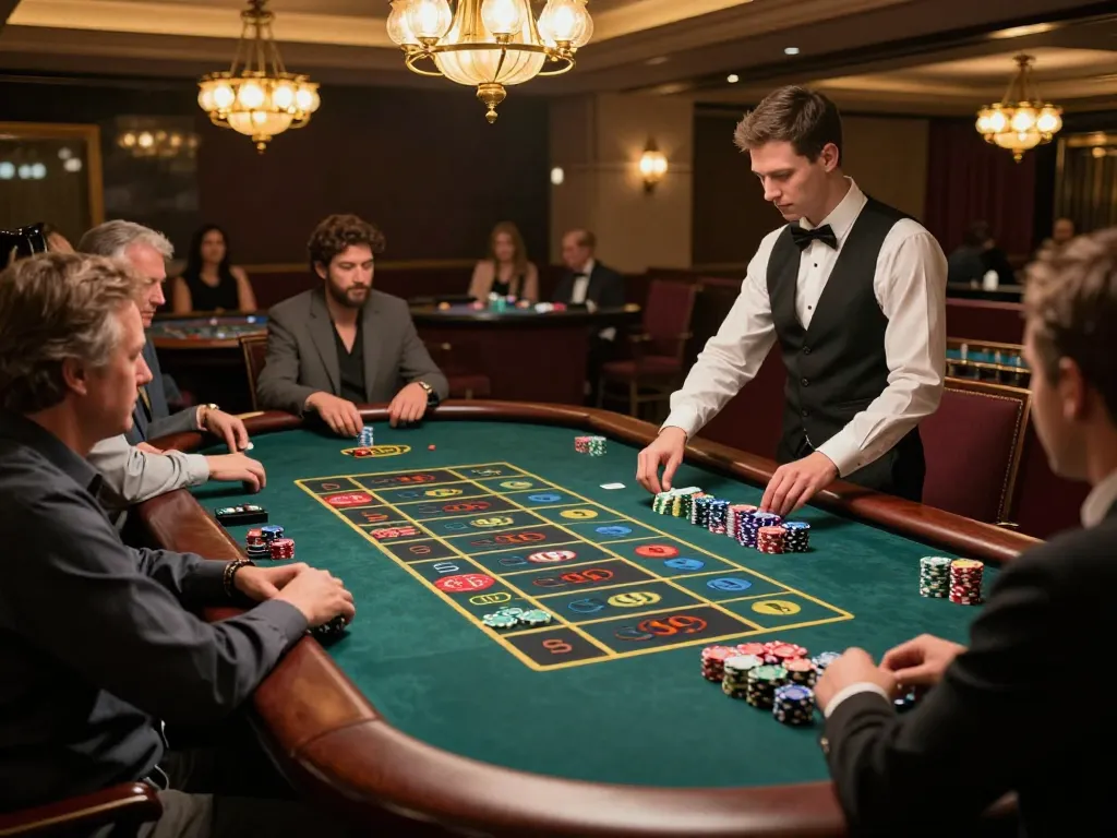 Players at soc88 engage in a lively roulette game with colorful chips and dealer interaction.
