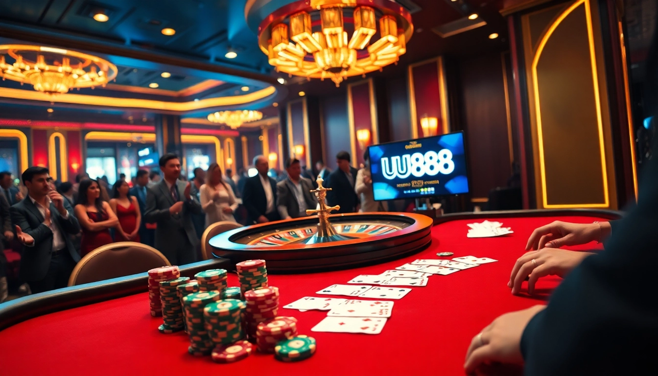 Experience the excitement of UU88 with vibrant casino visuals, showcasing poker tables and roulette wheels.