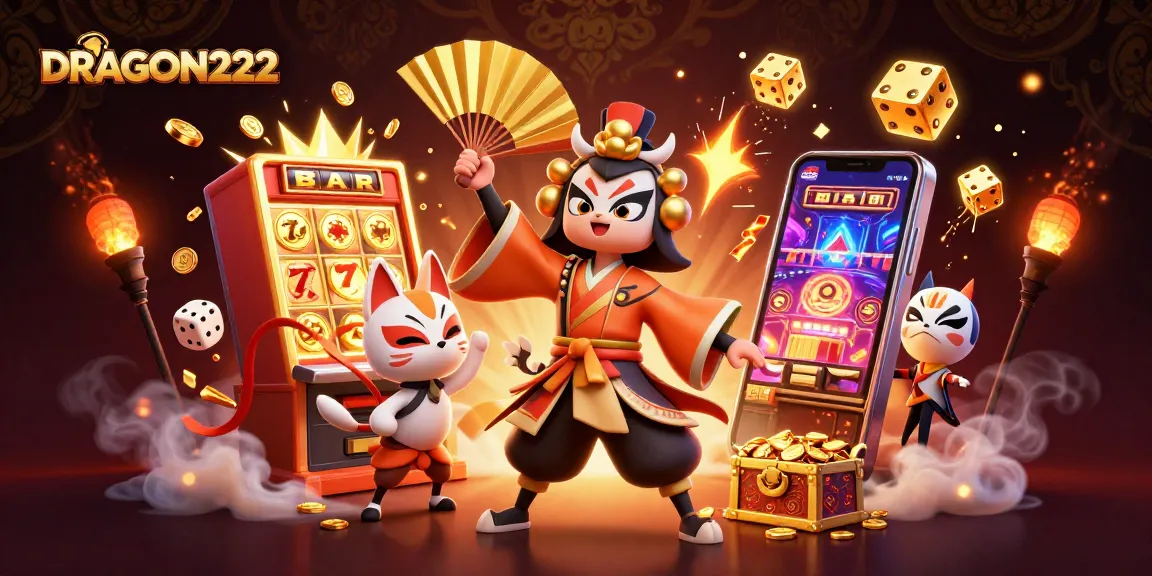 Experience excitement with DRAGON222 as a kabuki warrior and kitsune spirit in a vibrant casino scene.