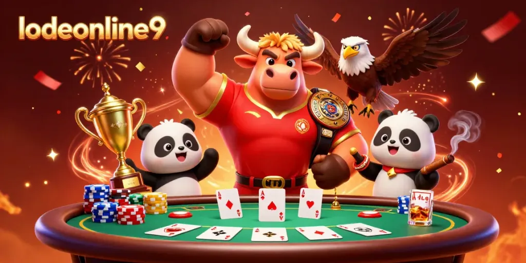 Join the celebration with lodeonline9 as the bull mascot captures victory at a poker table.