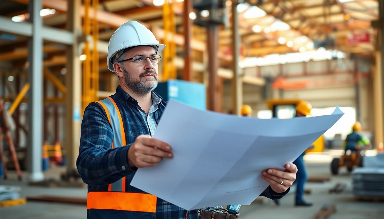 Professional New Jersey Commercial General Contractor at a bustling construction site evaluating blueprints.