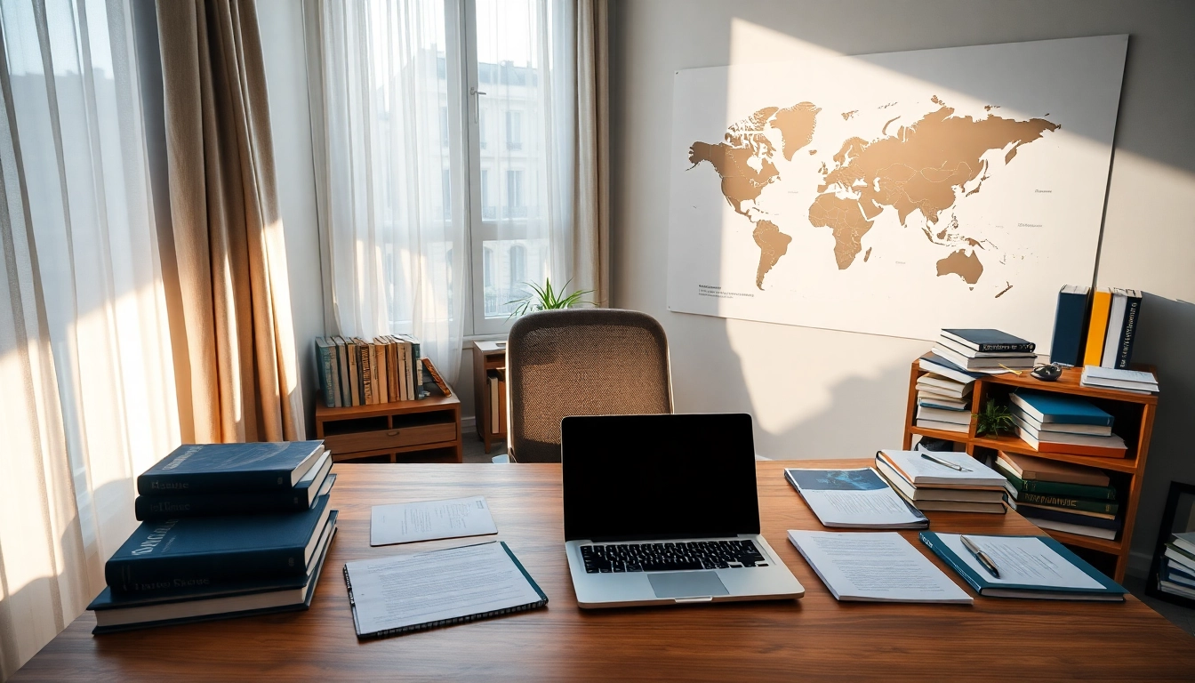 Espace de travail professionnel d'un traducteur certifié à Paris (traducteur assermenté Paris) avec des documents et des livres.