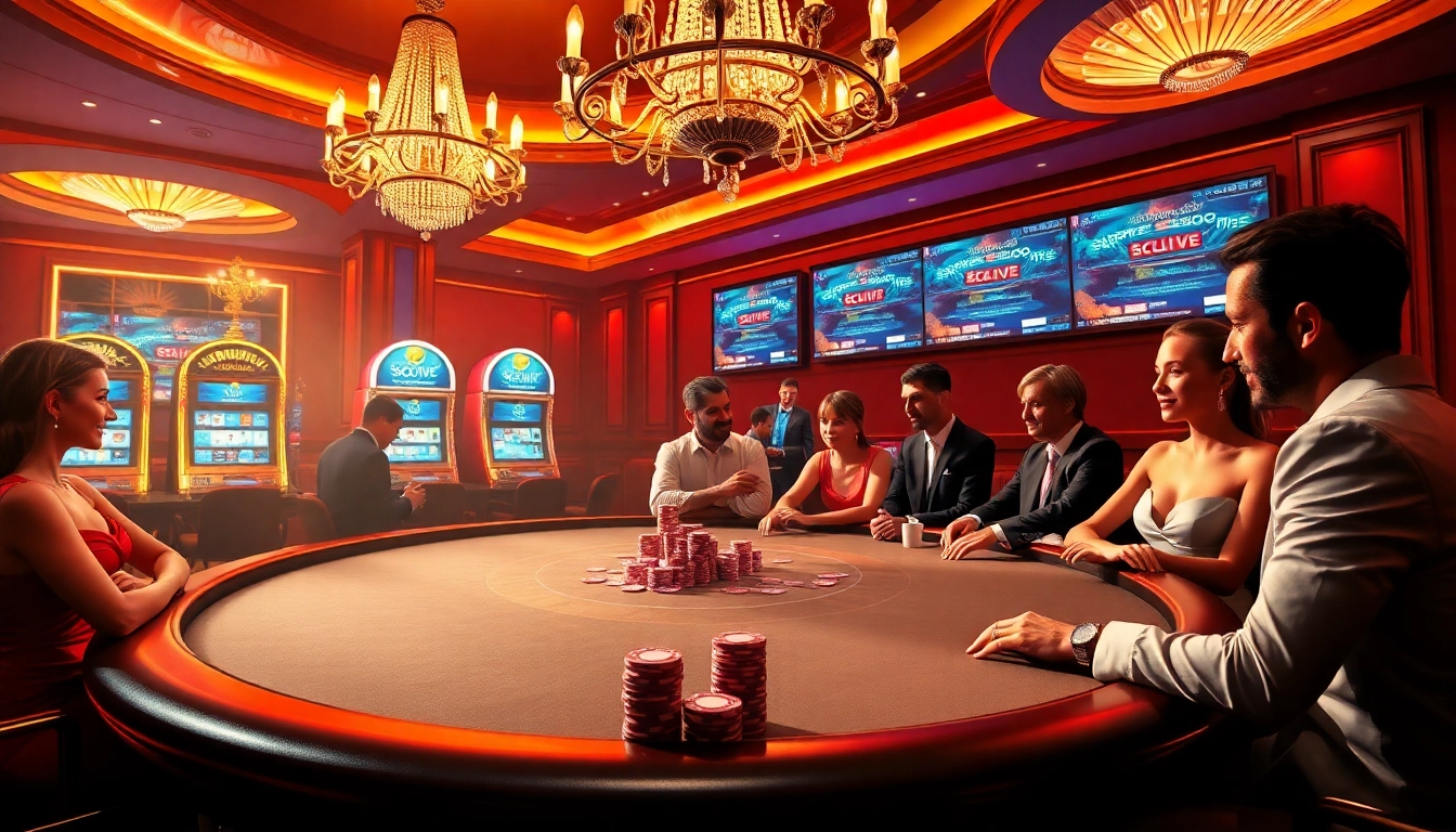 Socolive live sports betting action on a luxurious casino floor featuring a poker table and vibrant slot machines.