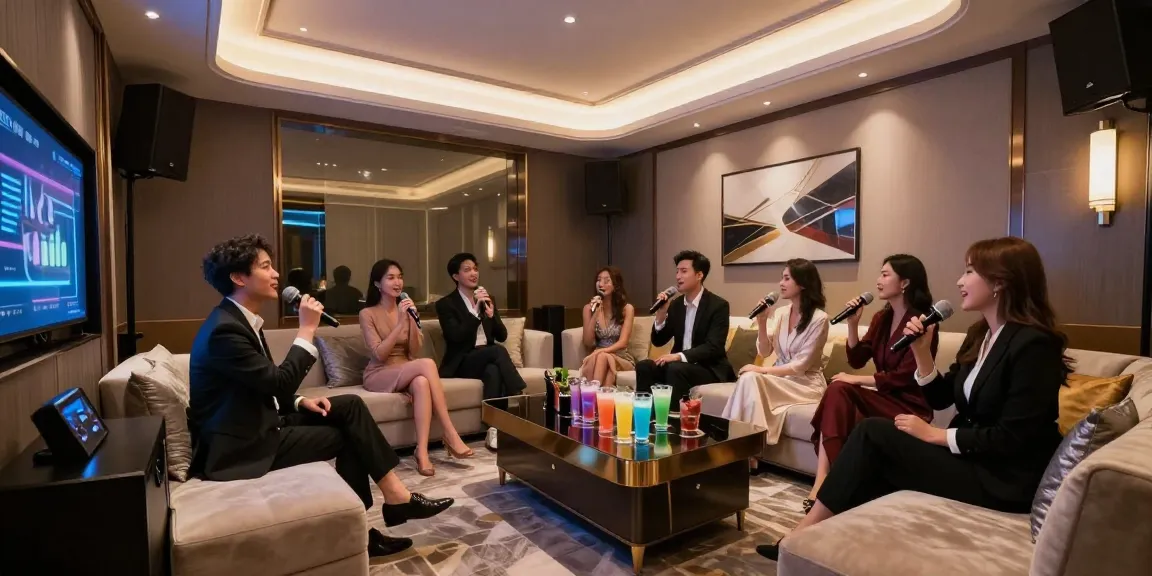 강남쩜오의 고급스러운 프라이빗 노래방 내부, 세련된 인테리어와 품격 있는 고객들이 함께 즐기는 모습