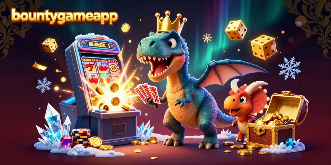 Bermain di bountygameapp dengan T-Rex ramah yang mencoba mengocok kartu sambil dikelilingi slot mesin jackpot meledak dengan koin.