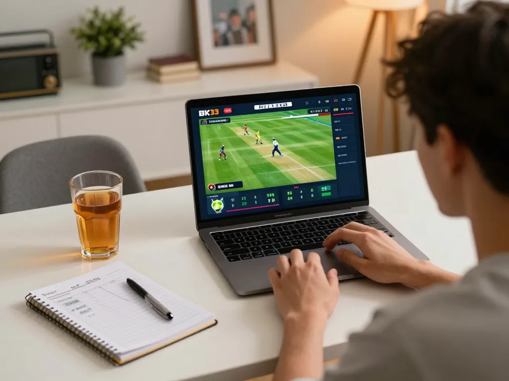 Engaged player using BK33 for online cricket betting, showcasing live odds and match excitement.