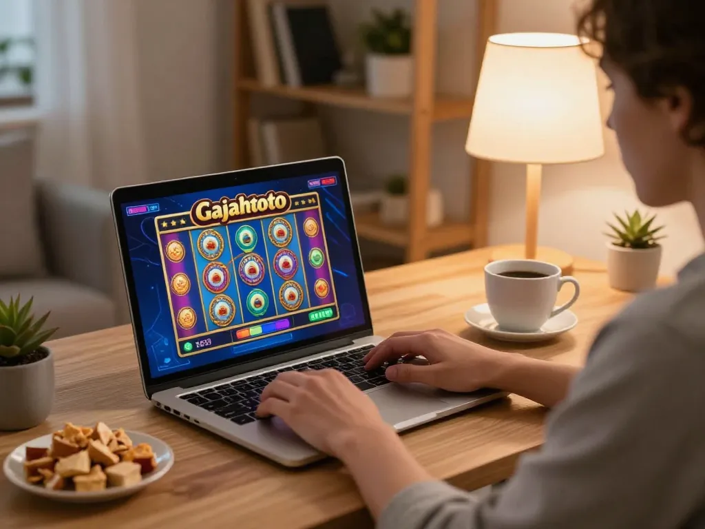 Engage with Gajahtoto through an immersive online gaming experience at home, laptop screen showing colorful slots.