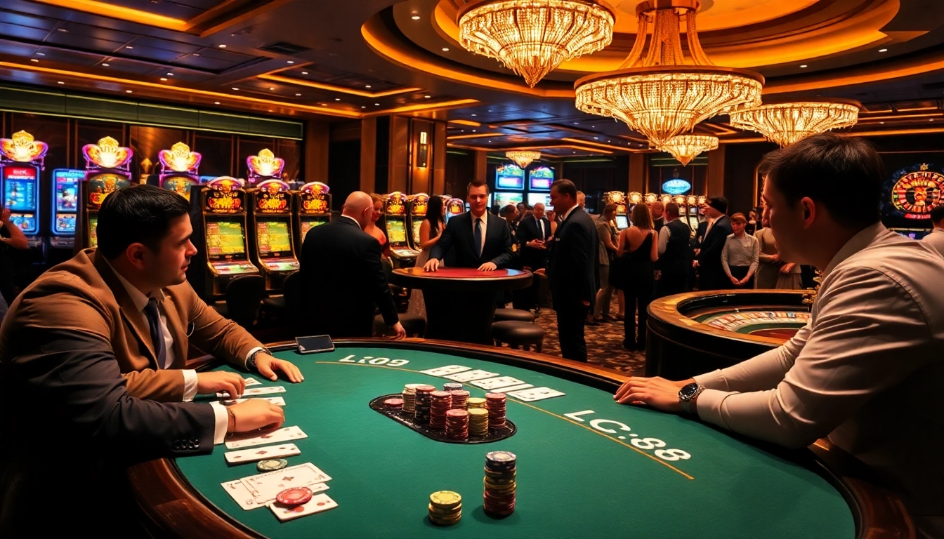 High-stakes poker game showcasing LC88 Marketing's vibrant casino atmosphere with chips and cards.