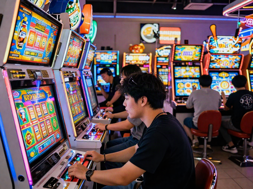Exciting moment of playing slot jepang in a lively Japanese arcade.