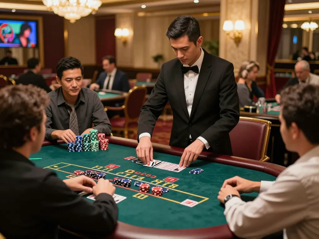 gem88 blackjack gameplay with attentive players and a focused dealer setting high stakes.