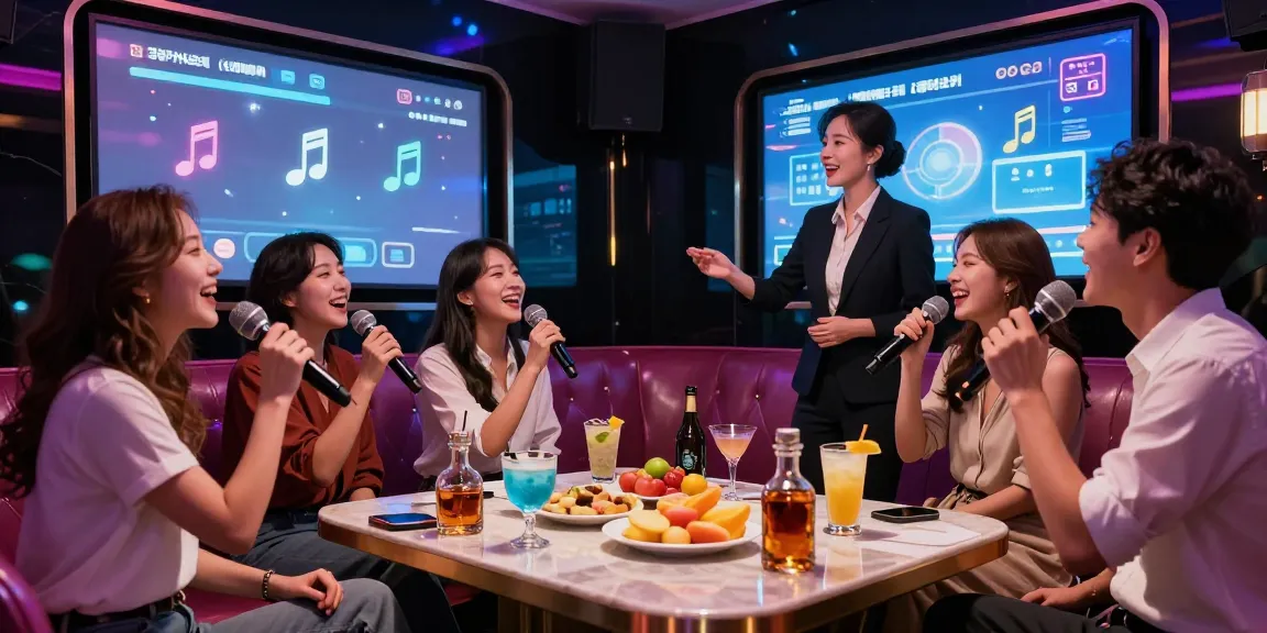 강남가라오케에서 화려한 조명 속 친구들과 노래를 부르는 즐거운 장면