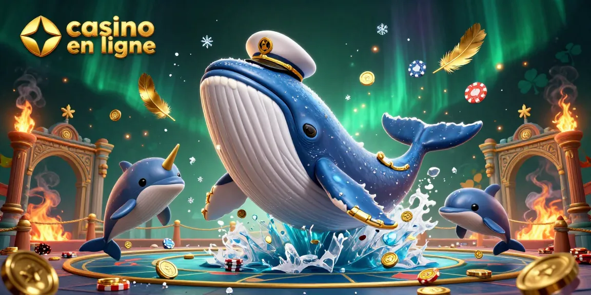 Plongez dans l'univers du casino en ligne avec cette illustration d'une baleine géante et ses compagnons vibrant de jeux et de pièces.