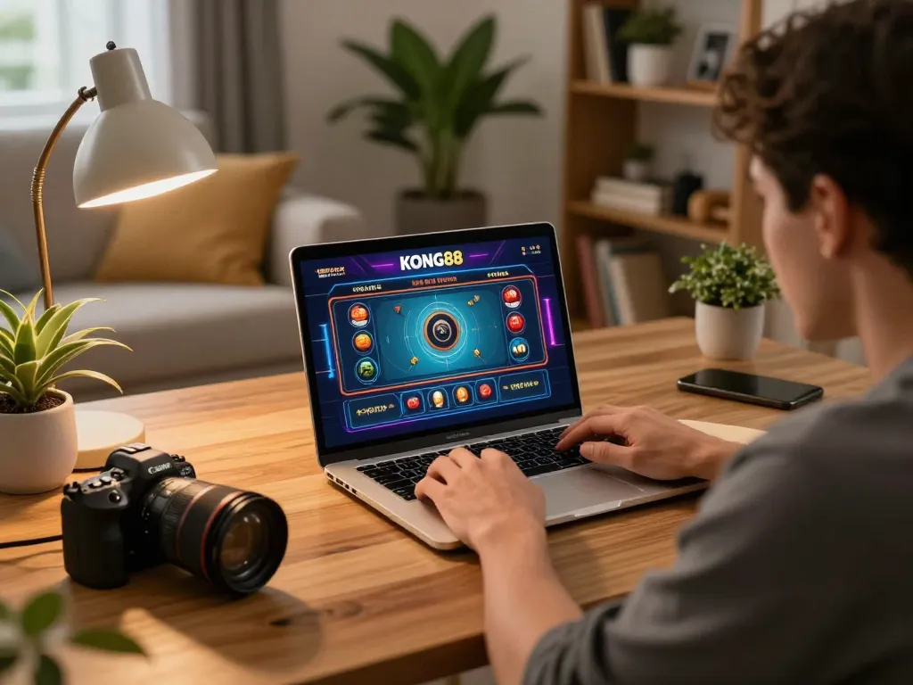 KONG88 online casino session with player engaged in betting strategy on a laptop.