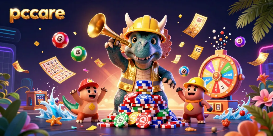 Create winning strategies with pccare in a vibrant 3D casino scene featuring cheerful dinosaurs and dynamic lottery elements.