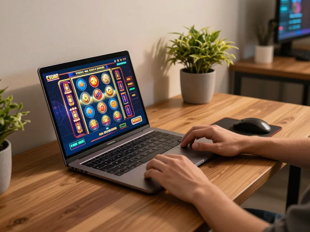 Engaging in online slots on a laptop while enjoying link slot gacor in a modern gaming setup.