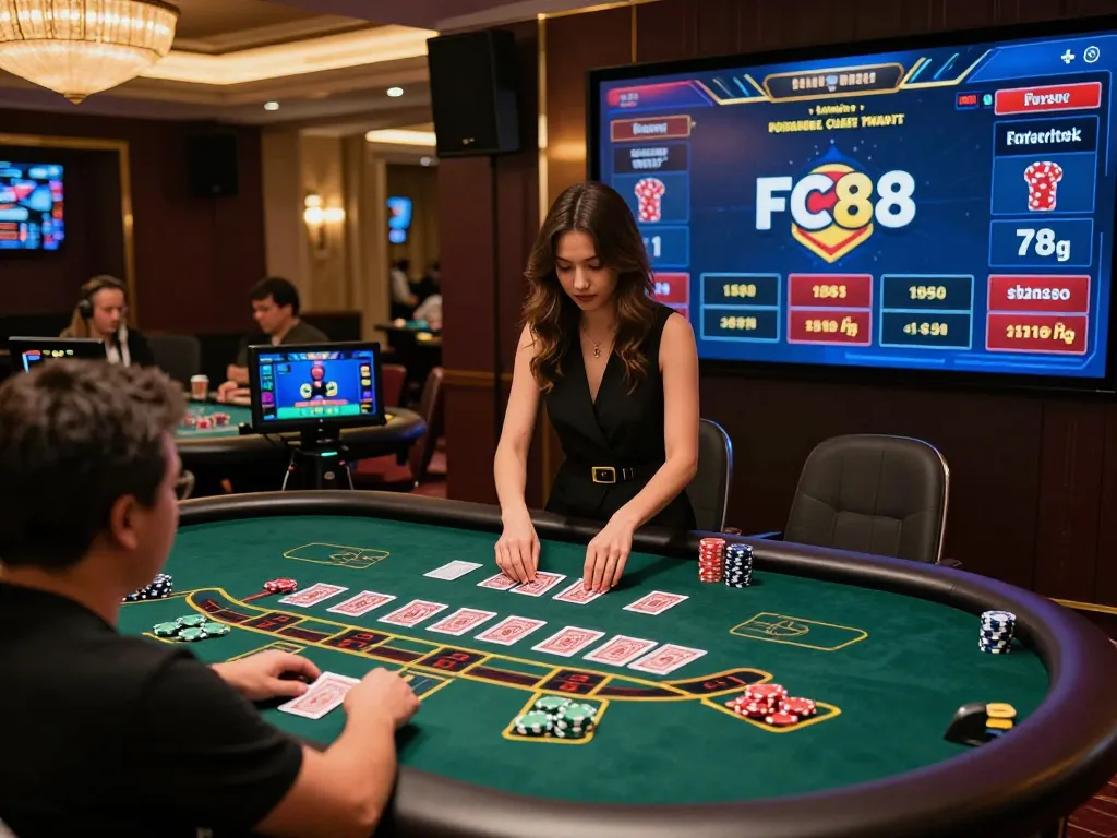 Players enjoying interactive live dealer blackjack at FC88 online casino with engaging interface and professional dealer