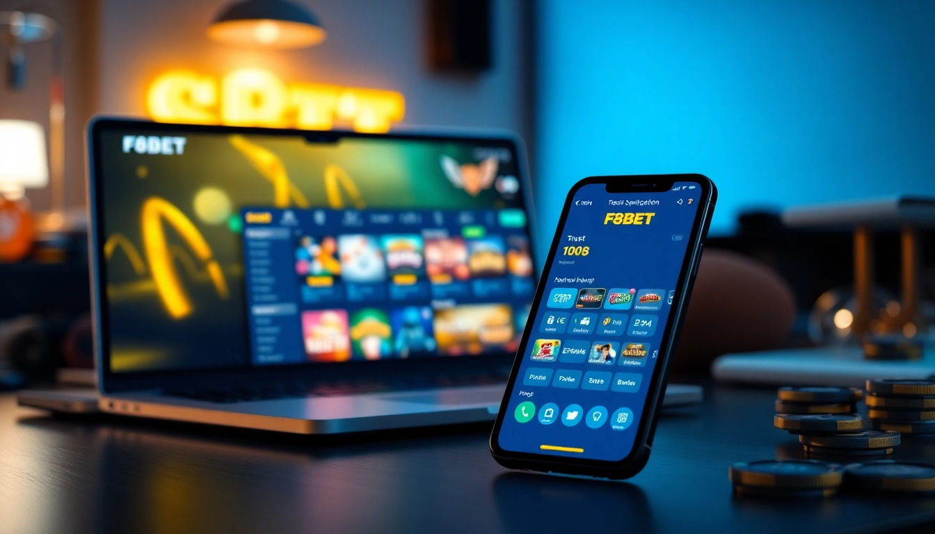 F8BET online betting interface on laptop and smartphone showcasing engaging games and user-friendly design.