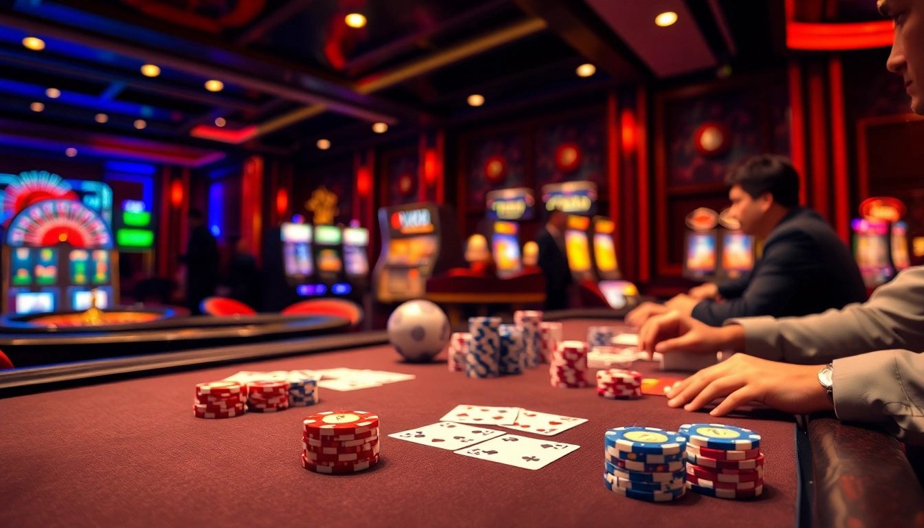 Engage with link vào XX88 at a vibrant casino featuring poker chips and a roulette wheel.