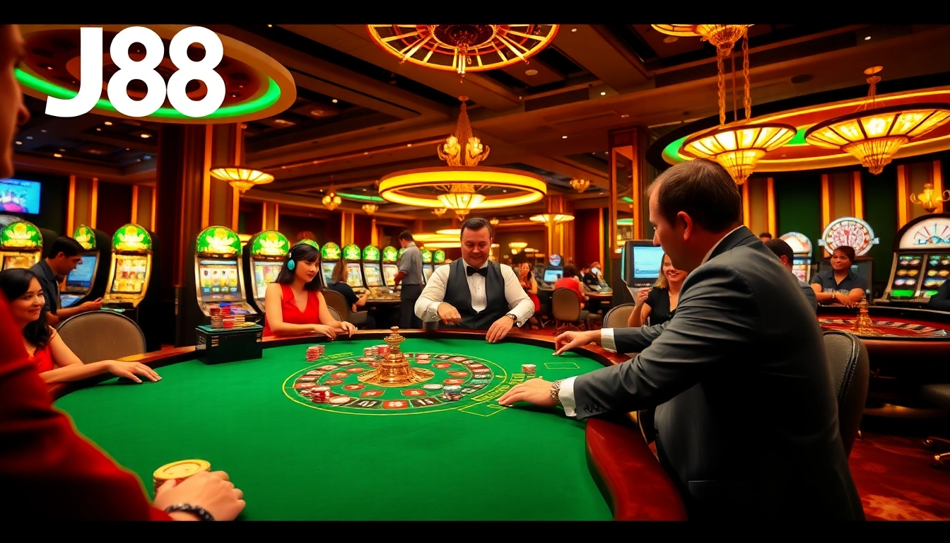 Players enjoying a vibrant J88 online casino experience at blackjack tables with colorful chips.