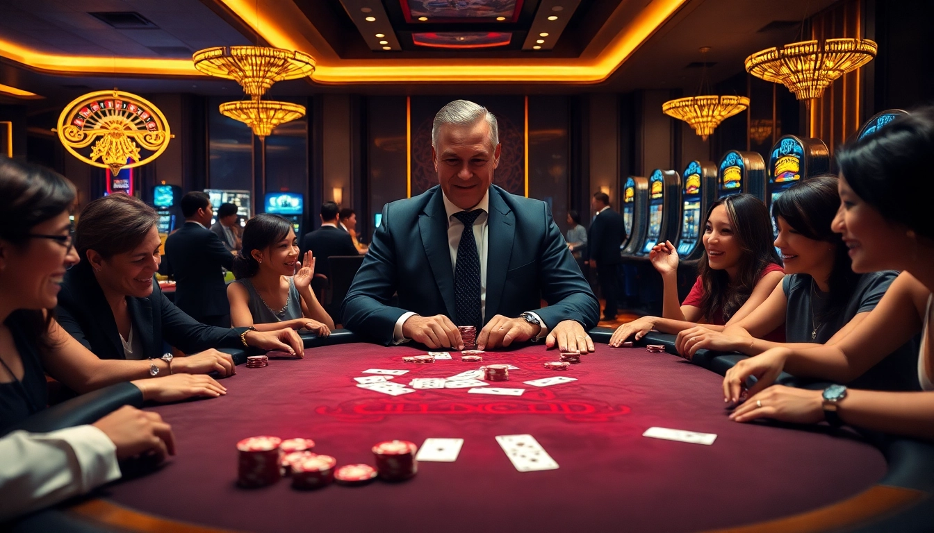 Players celebrate a win at a luxurious casino led by CEO NK88 in a vibrant gambling environment.