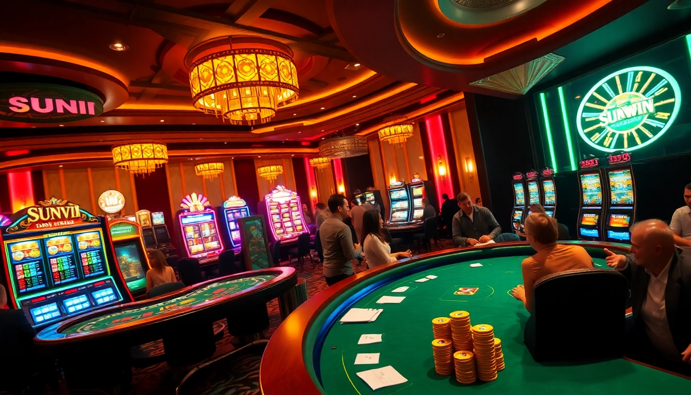 Experience luxury gaming at Sunwin casino with vibrant slot machines and excited players.