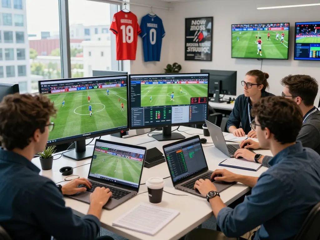 Real-time sports analysis scene showcasing Nowgoal live scores and stats with analysts engaged in collaborative discussions.